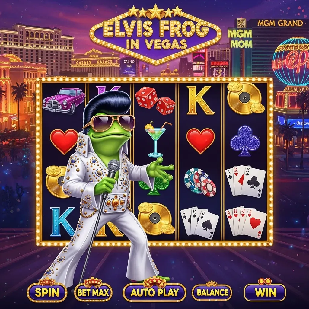 Elvis Frog in Vegas Elvis Frog character performing on a vibrant Vegas themed slot machine